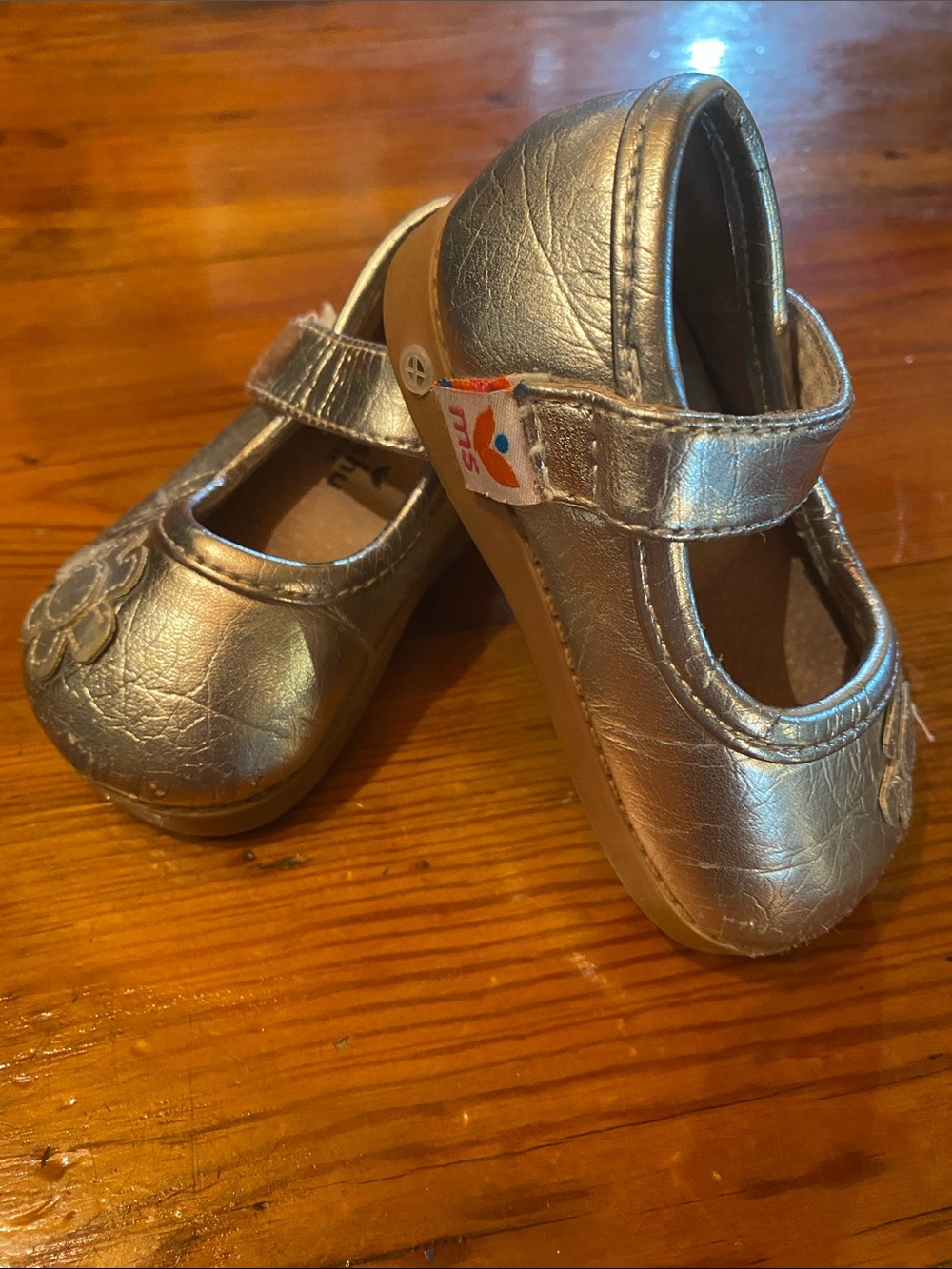Toddler Metallic Silver Mary Jane Flats with Floral Detail